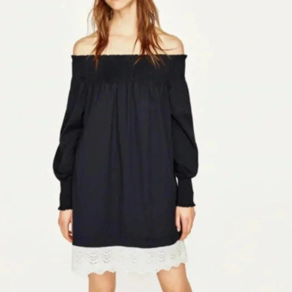 Zara off-shoulder navy dress lace hem detail • M • - Picture 1 of 7